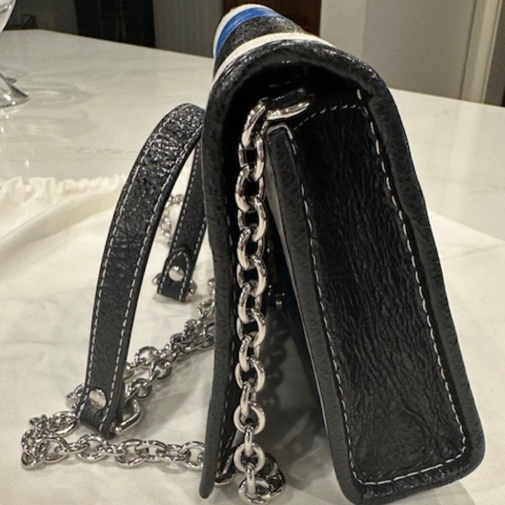 BALENCIAGA BAZAR Stripe Crossbody Shoulder Bag on Chain Blue Black White Leather - Picture 10 of 16